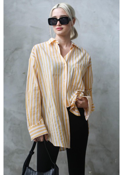 Sarı Çizgili Oversize Kadın Gömlek MG1688 modelleri