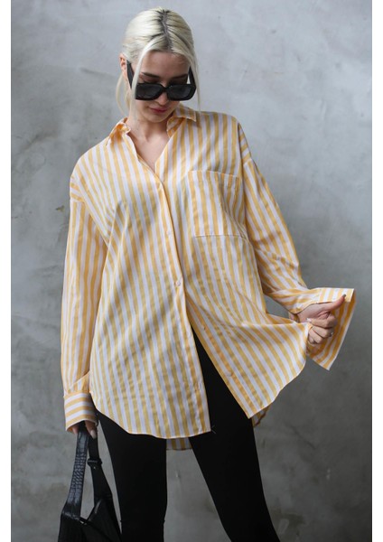 Sarı Çizgili Oversize Kadın Gömlek MG1688 fırsatları