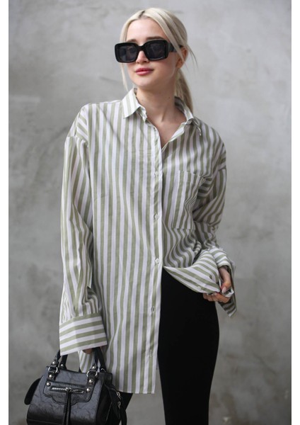 Yeşil Çizgili Oversize Kadın Gömlek MG1688 fiyatları