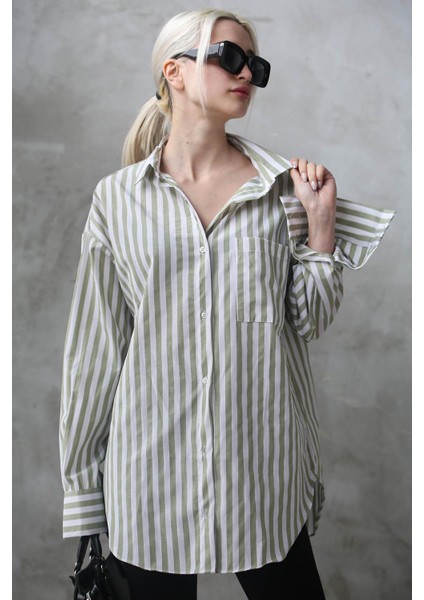 Yeşil Çizgili Oversize Kadın Gömlek MG1688 modelleri