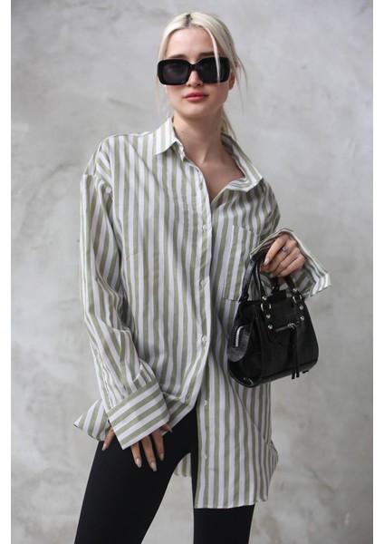 Yeşil Çizgili Oversize Kadın Gömlek MG1688 fırsatları