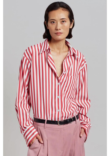 Kırmızı Çizgili Oversize Kadın Gömlek MG1688