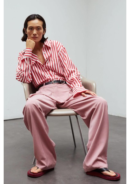 Kırmızı Çizgili Oversize Kadın Gömlek MG1688 fırsatları