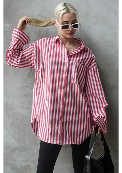 Kırmızı Çizgili Oversize Kadın Gömlek MG1688 indirimleri