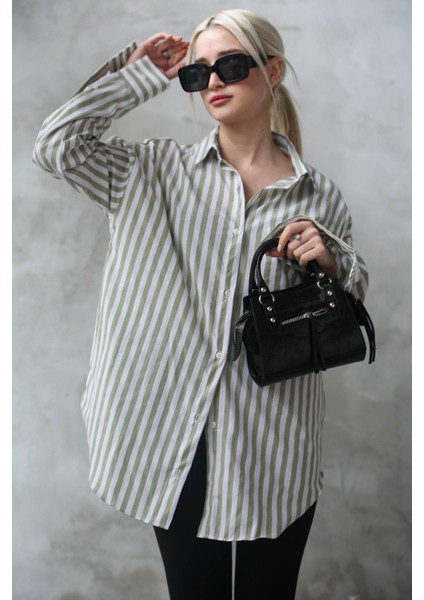 Yeşil Çizgili Oversize Kadın Gömlek MG1688