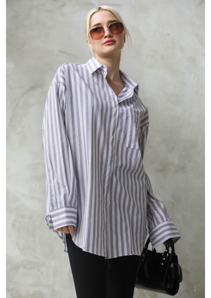 Gri Çizgili Oversize Kadın Gömlek MG1688