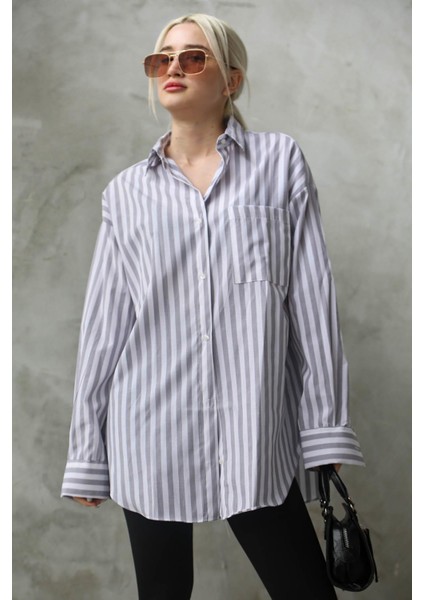 Gri Çizgili Oversize Kadın Gömlek MG1688 fiyatları
