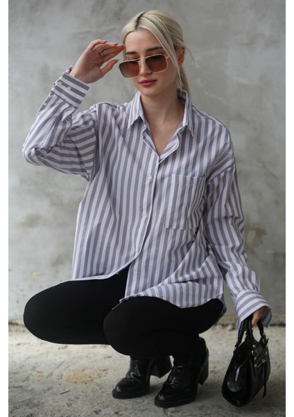 Gri Çizgili Oversize Kadın Gömlek MG1688 modelleri