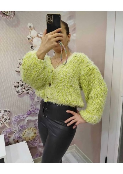 Azra Moda Style Örme Yumoş Crop Hırka Kırçıllı Kadın