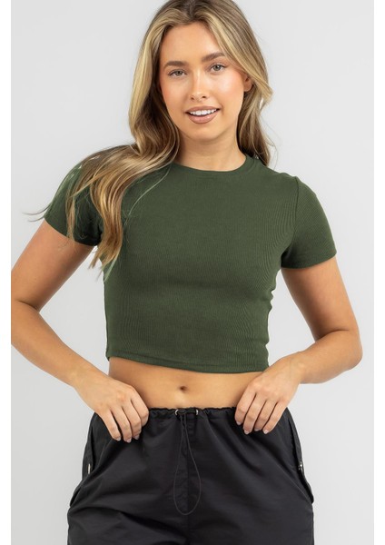 Haki Basic Crop Kadın Tişört MG1772