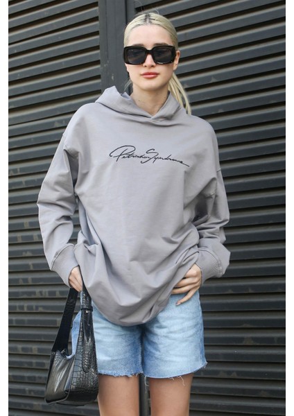 Boyalı Gri Nakışlı Kapüşonlu Kadın Sweatshirt MG1691 modelleri