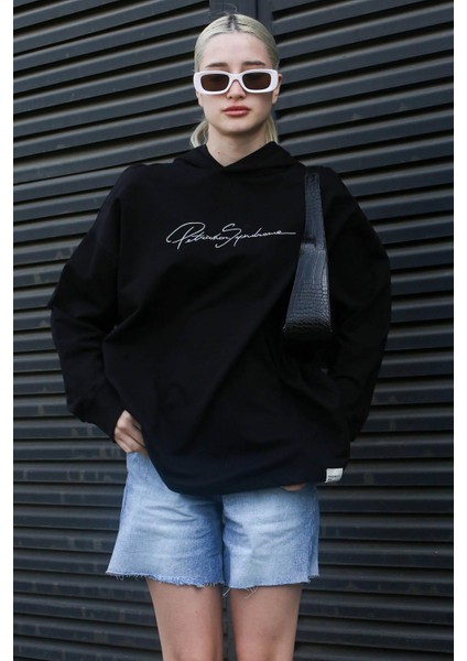 Siyah Nakışlı Kapüşonlu Kadın Sweatshirt MG1691 fiyatları