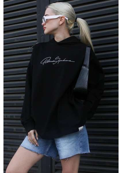 Siyah Nakışlı Kapüşonlu Kadın Sweatshirt MG1691 modelleri