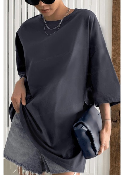 Füme Basic Düz Baskısız Oversize Salas Boyfriend Kadın T-Shirt