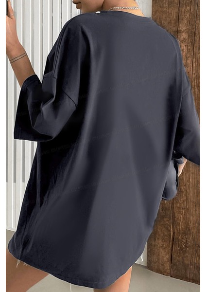 Füme Basic Düz Baskısız Oversize Salas Boyfriend Kadın T-Shirt