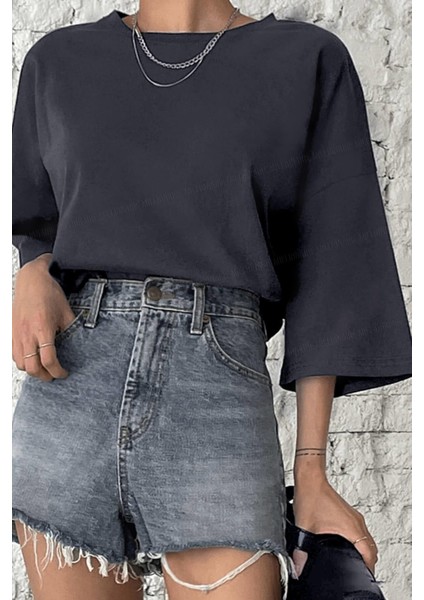 Füme Basic Düz Baskısız Oversize Salas Boyfriend Kadın T-Shirt