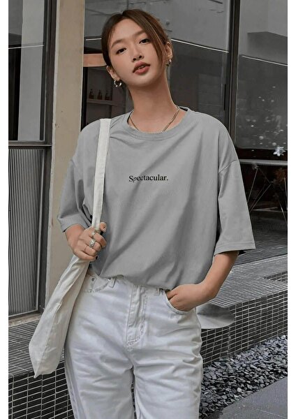 Spectacular Gri Oversize Salas Boyfriend Kadın T-Shirt