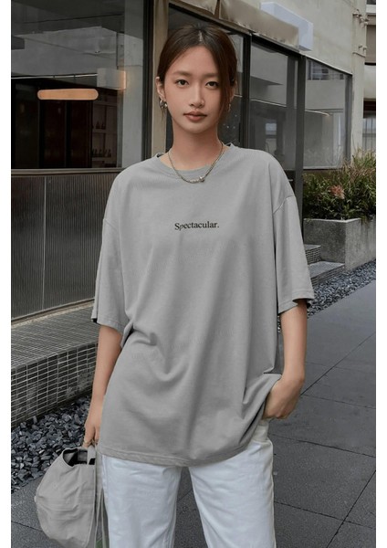 Spectacular Gri Oversize Salas Boyfriend Kadın T-Shirt