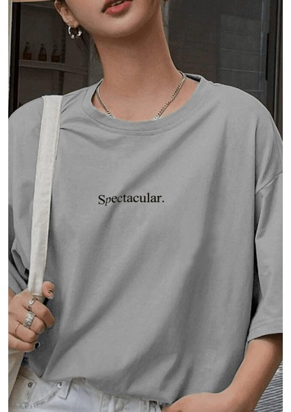 Spectacular Gri Oversize Salas Boyfriend Kadın T-Shirt