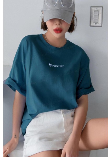 Spectacular Petrol Yeşili Oversize Salas Boyfriend Kadın T-Shirt fiyatları