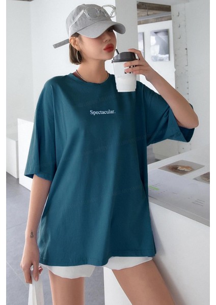 Spectacular Petrol Yeşili Oversize Salas Boyfriend Kadın T-Shirt modelleri