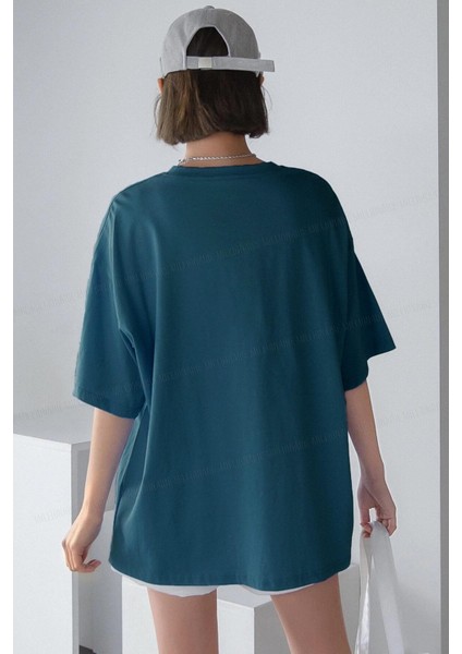 Spectacular Petrol Yeşili Oversize Salas Boyfriend Kadın T-Shirt indirimleri
