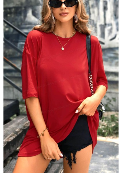 Kırmızı Basic Düz Baskısız Oversize Salas Boyfriend Kadın T-Shirt fiyatları