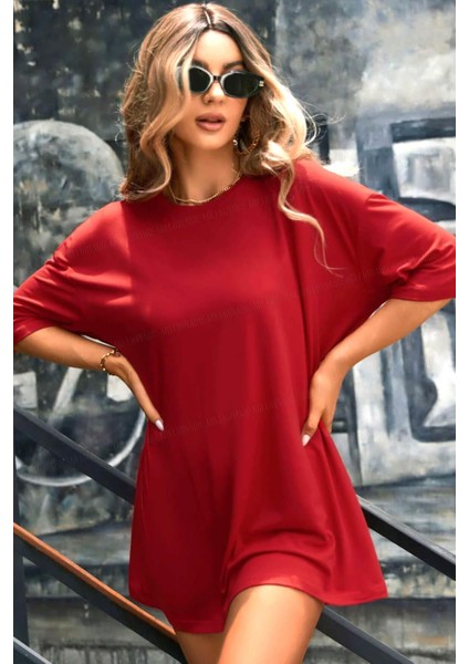 Kırmızı Basic Düz Baskısız Oversize Salas Boyfriend Kadın T-Shirt modelleri