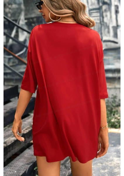 Kırmızı Basic Düz Baskısız Oversize Salas Boyfriend Kadın T-Shirt fırsatları