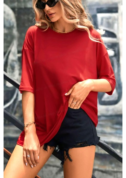Kırmızı Basic Düz Baskısız Oversize Salas Boyfriend Kadın T-Shirt indirimleri
