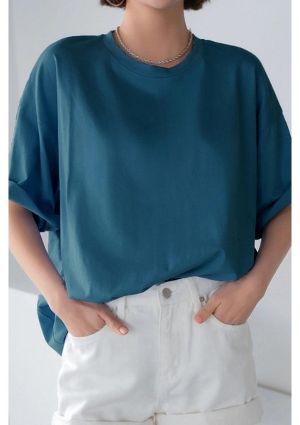 Petrol Yeşili Basic Düz Baskısız Oversize Salas Boyfriend Kadın T-Shirt fiyatları