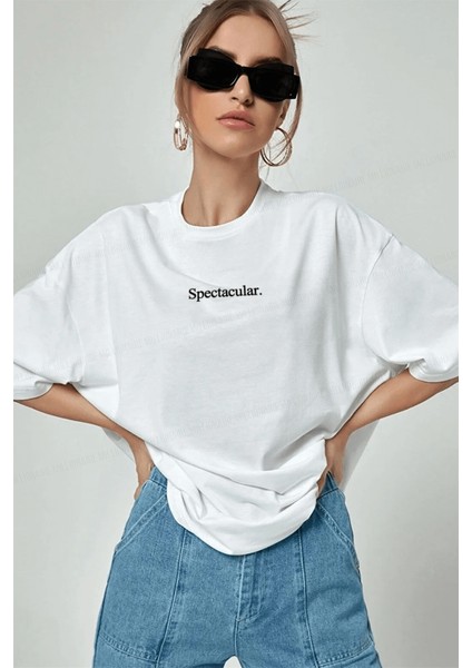 Spectacular Beyaz Oversize Salas Boyfriend Kadın T-Shirt