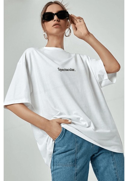 Spectacular Beyaz Oversize Salas Boyfriend Kadın T-Shirt fiyatları