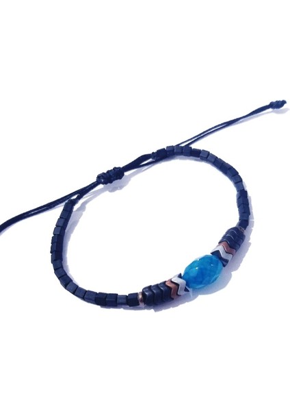 Mavi Akik Dalgalı Hematit Siyah Küp Miyuki Unisex Bileklik