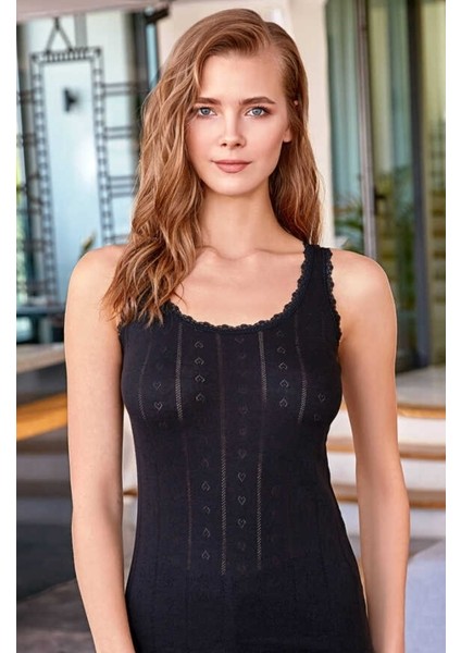 8049 Bayan Kalp Desenli Yaka Dantelli Kalın Askılı Atlet 2'li Paket