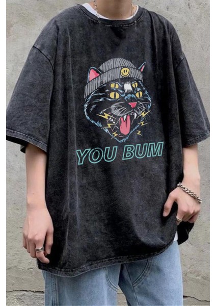 Yıkamalı You Bum Cat Baskılı Oversize Vintage Eskitme T-Shirt