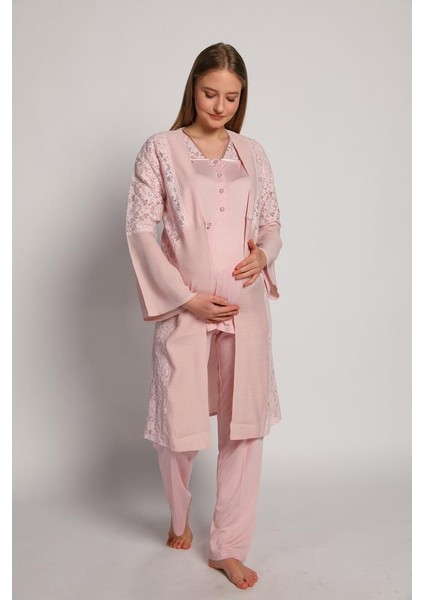 4905 Pembe Krinkel Sabahlıklı Lohusa 3 Lü Pijama Sabahlık