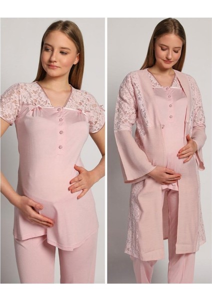 4905 Pembe Krinkel Sabahlıklı Lohusa 3 Lü Pijama Sabahlık