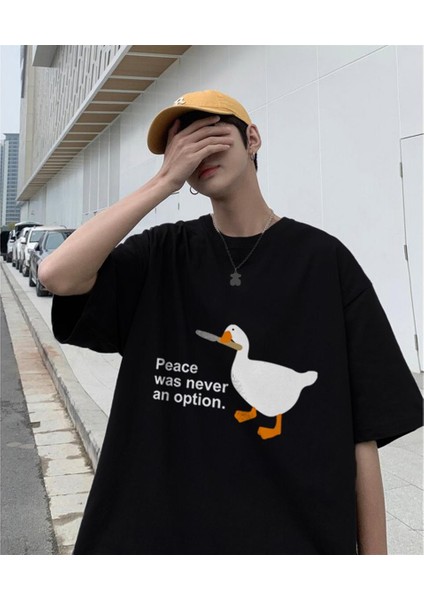 Duck 'Peace Was Never An Option' Baskılı Siyah Oversize T-Shirt