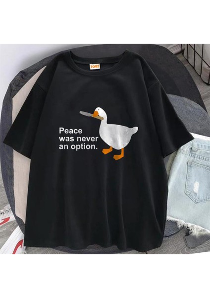 Duck 'Peace Was Never An Option' Baskılı Siyah Oversize T-Shirt fiyatları