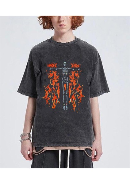 Yıkamalı Flaming Skeleton Baskılı Oversize Vintage Eskitme T-Shirt