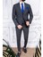 Erkek Slim Fit Sivri Yaka Ekose Yelekli Gri Kombin Takım Elbise 2