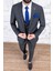 Erkek Slim Fit Sivri Yaka Ekose Yelekli Gri Kombin Takım Elbise 3