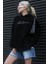 Siyah Nakışlı Kapüşonlu Kadın Sweatshirt MG1691 3
