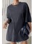 Füme Basic Düz Baskısız Oversize Salas Boyfriend Kadın T-Shirt 2