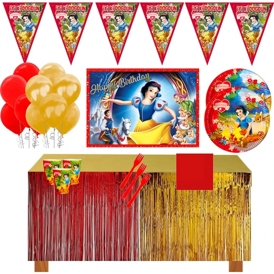 Pamuk Prenses Metalize Masa Etekli Afişli Snow White 16 Kişilik Doğum Günü Parti Malzemeleri Seti