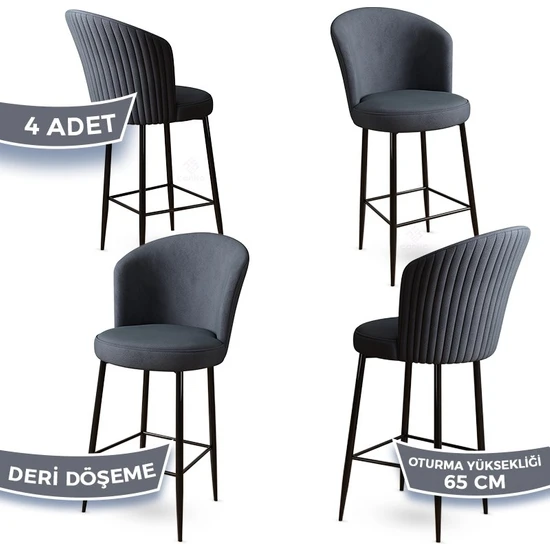 Canisa Concept Alte Serisi Mutfak  Bar Sandalyesi  Babyface Kumaş Siyah Metal Ayak 4 Adet Sandalye