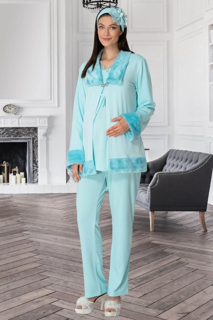 Mecit 5304 Turkuaz Peluş Detaylı Sabahlıklı Lohusa Pijama Takımı görsel 2