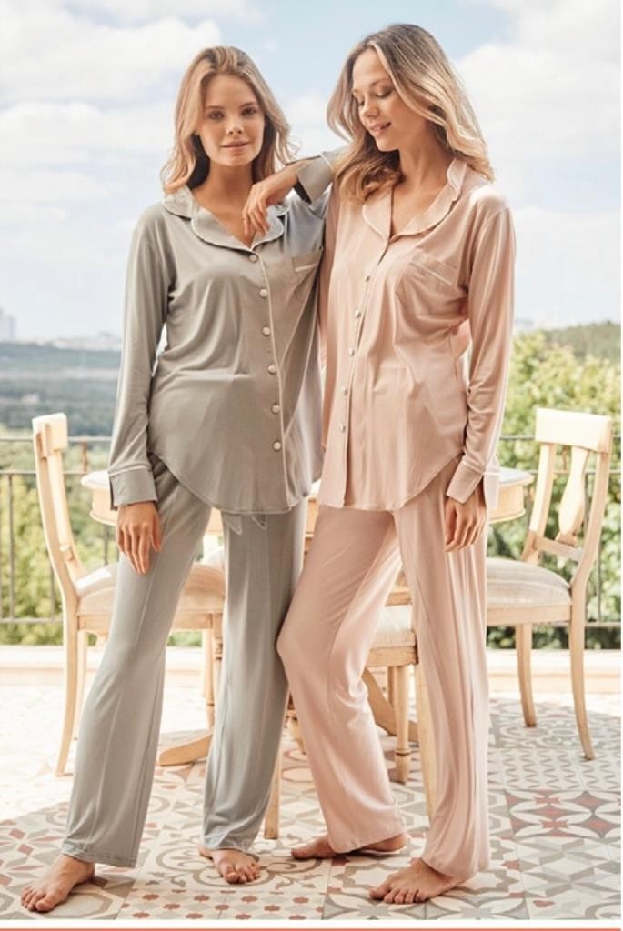 Bone Club 5126 Pudra Noktalı Önden Düğmeli Lohusa Pijama Tk görsel 2