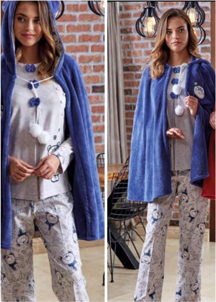 Bone Club 4611 Mavi Pelerinli Hamile Lohusa 3 Lü Pijama Sabahlık Takım